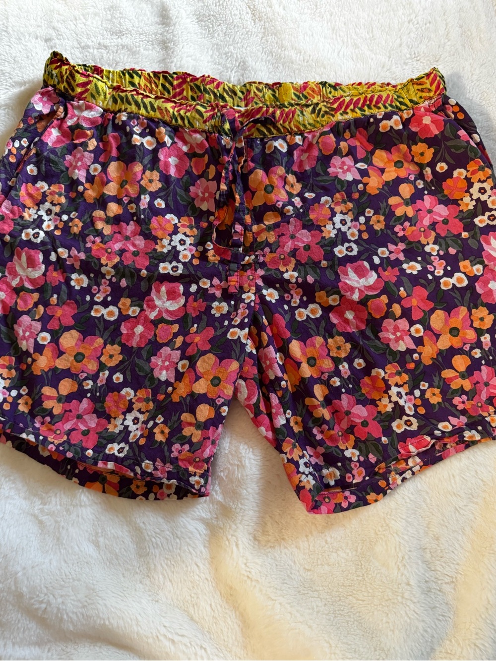 Sundance Floral Drawstring Shorts in Purple with Pink & Orange Blooms
